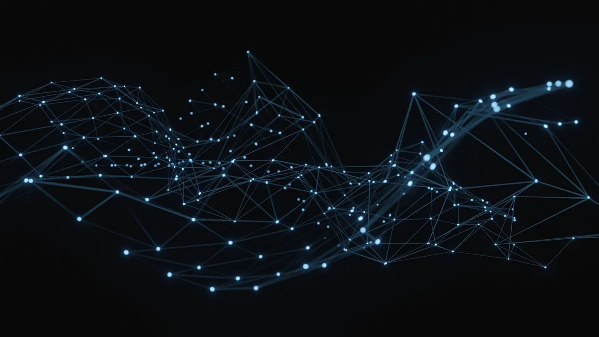 Glowing blue network of connected data points and lines on a dark background
